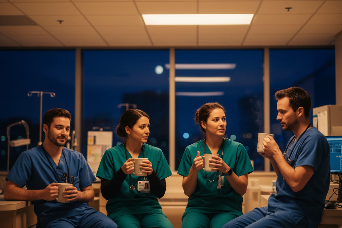 Nurses drinking coffee from coffee mugs on a night shift.